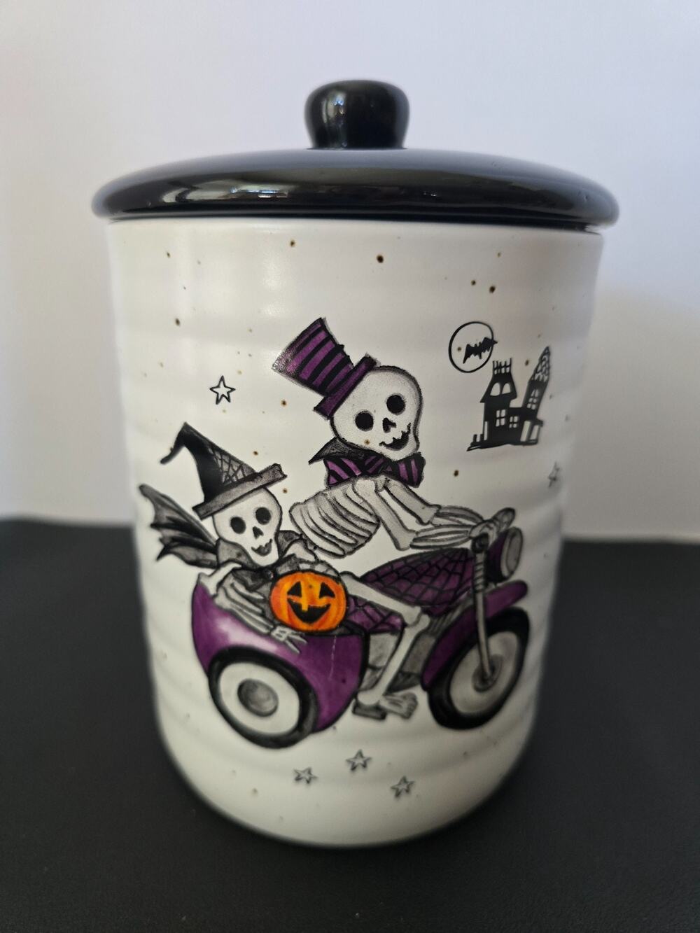 Cobwebs & Cauldrons Halloween Skeleton Motorcycle Sidecar Canister 7" w/lid